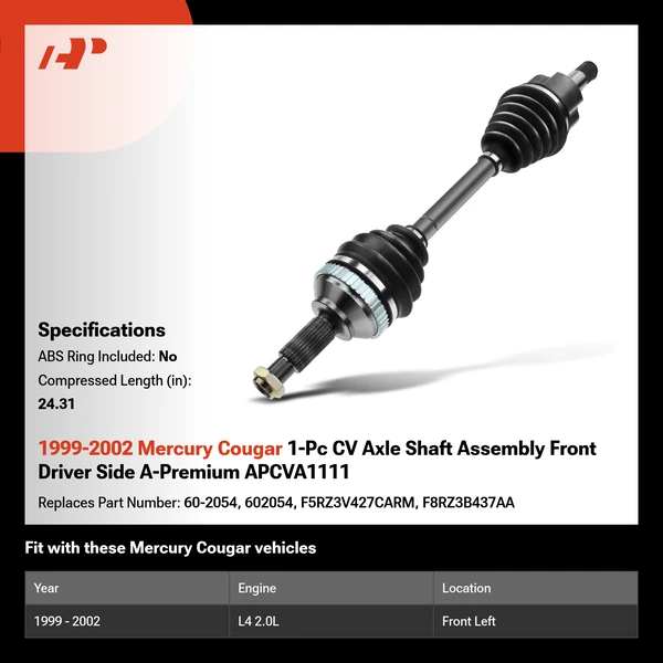 1999-2002 Mercury Cougar 1-Pc CV Axle Shaft Assembly Front Driver Side A-Premium APCVA1111