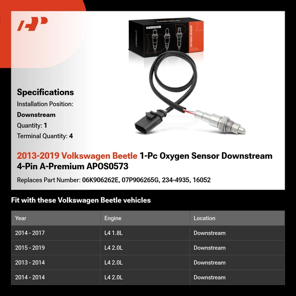 2013-2019 Volkswagen Beetle 1-Pc Oxygen Sensor Downstream 4-Pin A-Premium APOS0573