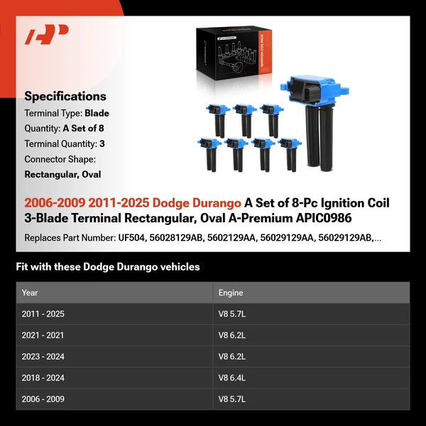 2006-2009 2011-2025 Dodge Durango A Set of 8-Pc Ignition Coil 3-Blade Terminal Rectangular, Oval A-Premium APIC0986