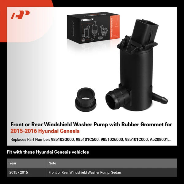 Front or Rear Windshield Washer Pump with Rubber Grommet for 2015-2016 Hyundai Genesis