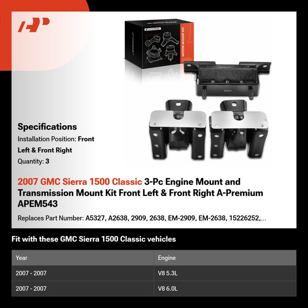 2007 GMC Sierra 1500 Classic 3-Pc Engine Mount and Transmission Mount Kit Front Left & Front Right A-Premium APEM543