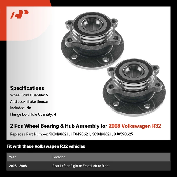 2 Pcs Wheel Bearing & Hub Assembly for 2008 Volkswagen R32