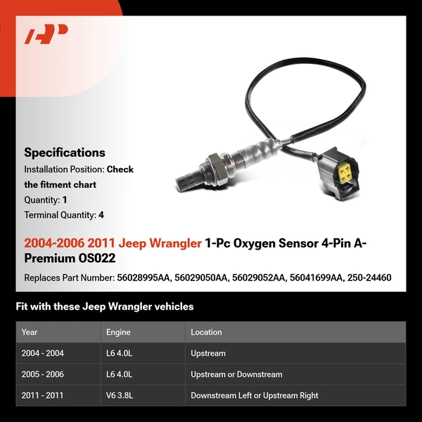 2004-2006 2011 Jeep Wrangler 1-Pc Oxygen Sensor 4-Pin A-Premium OS022