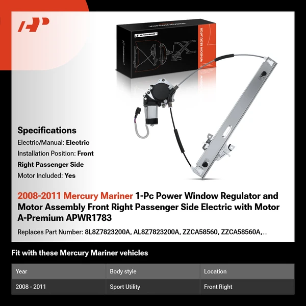 2008-2011 Mercury Mariner 1-Pc Power Window Regulator and Motor Assembly Front Right Passenger Side Electric with Motor A-Premium APWR1783