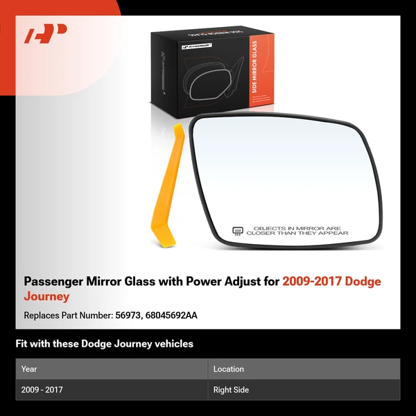 Passenger Mirror Glass with Power Adjust for 2009-2017 Dodge Journey