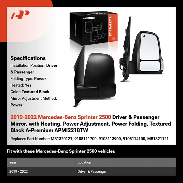 2019-2022 Mercedes-Benz Sprinter 2500 Driver & Passenger Mirror, with Heating, Power Adjustment, Power Folding, Textured Black A-Premium APMI2218TW