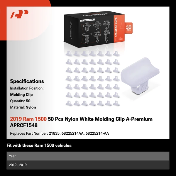 2019 Ram 1500 50 Pcs Nylon White Molding Clip A-Premium APRCF1548