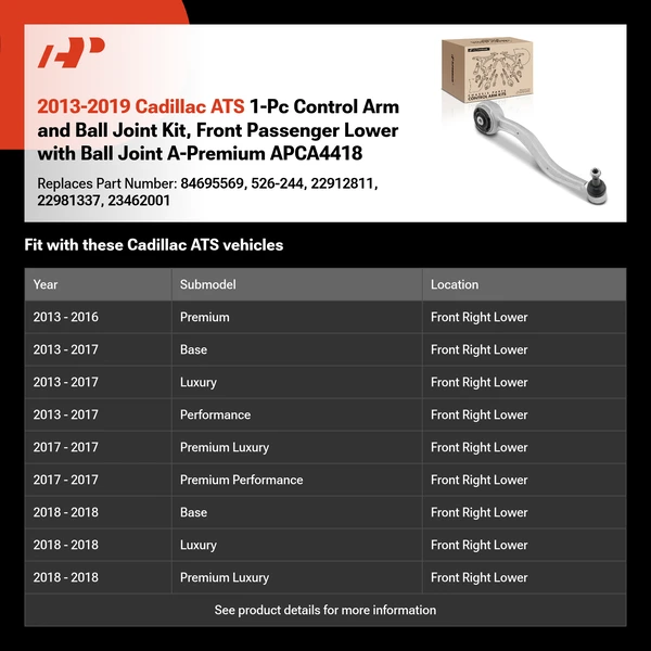 2013-2019 Cadillac ATS 1-Pc Control Arm and Ball Joint Kit, Front Passenger Lower with Ball Joint A-Premium APCA4418
