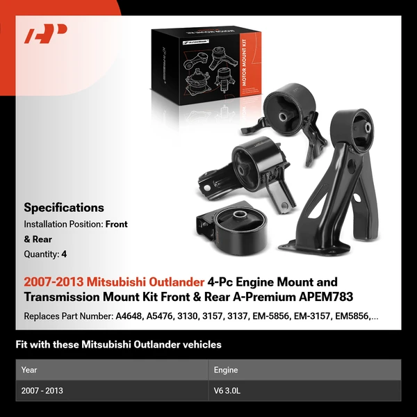 2007-2013 Mitsubishi Outlander 4-Pc Engine Mount and Transmission Mount Kit Front & Rear A-Premium APEM783