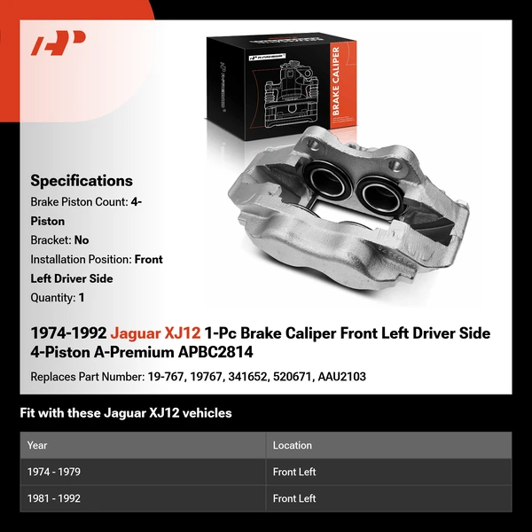 1974-1992 Jaguar XJ12 1-Pc Brake Caliper Front Left Driver Side 4-Piston A-Premium APBC2814