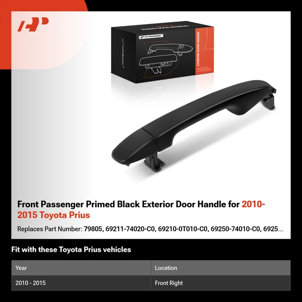Front Passenger Primed Black Exterior Door Handle for 2010-2015 Toyota Prius