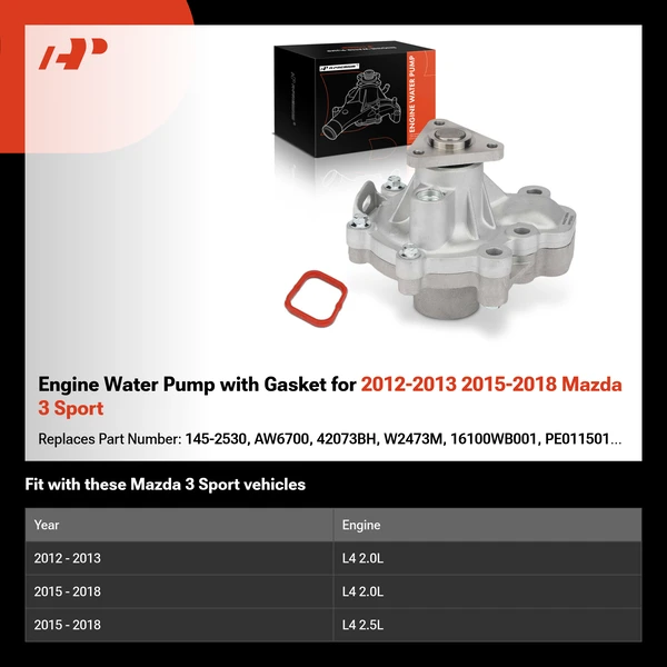 Engine Water Pump with Gasket for 2012-2013 2015-2018 Mazda 3 Sport