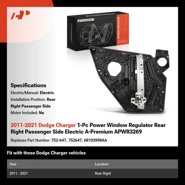 2011-2021 Dodge Charger 1-Pc Power Window Regulator Rear Right Passenger Side Electric A-Premium APWR3269