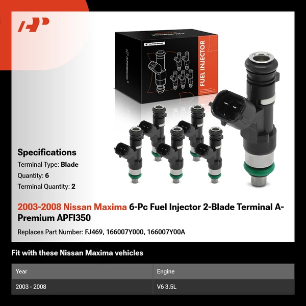 2003-2008 Nissan Maxima 6-Pc Fuel Injector 2-Blade Terminal A-Premium APFI350