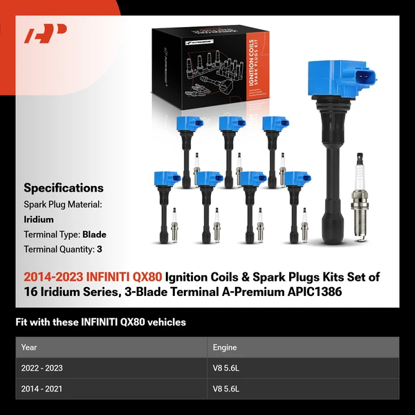 2014-2023 INFINITI QX80 Ignition Coils & Spark Plugs Kits Set of 16 Iridium Series, 3-Blade Terminal A-Premium APIC1386