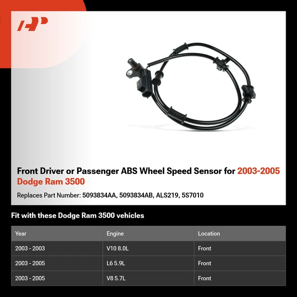 Front Driver or Passenger ABS Wheel Speed Sensor for 2003-2005 Dodge Ram 3500