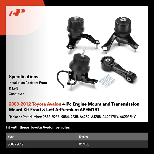 2008-2012 Toyota Avalon 4-Pc Engine Mount and Transmission Mount Kit Front & Left A-Premium APEM181
