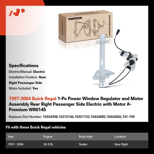 1997-2004 Buick Regal 1-Pc Power Window Regulator and Motor Assembly Rear Right Passenger Side Electric with Motor A-Premium WR0145