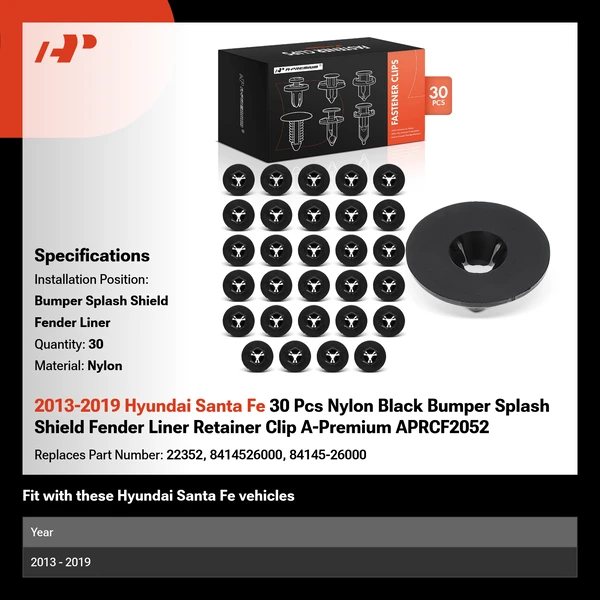 2013-2019 Hyundai Santa Fe 30 Pcs Nylon Black Bumper Splash Shield Fender Liner Retainer Clip A-Premium APRCF2052