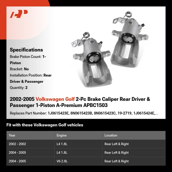 2002-2005 Volkswagen Golf 2-Pc Brake Caliper Rear Driver & Passenger 1-Piston A-Premium APBC1503