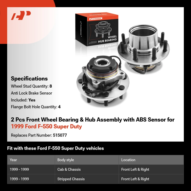 2 Pcs Front Wheel Bearing & Hub Assembly with ABS Sensor for 1999 Ford F-550 Super Duty