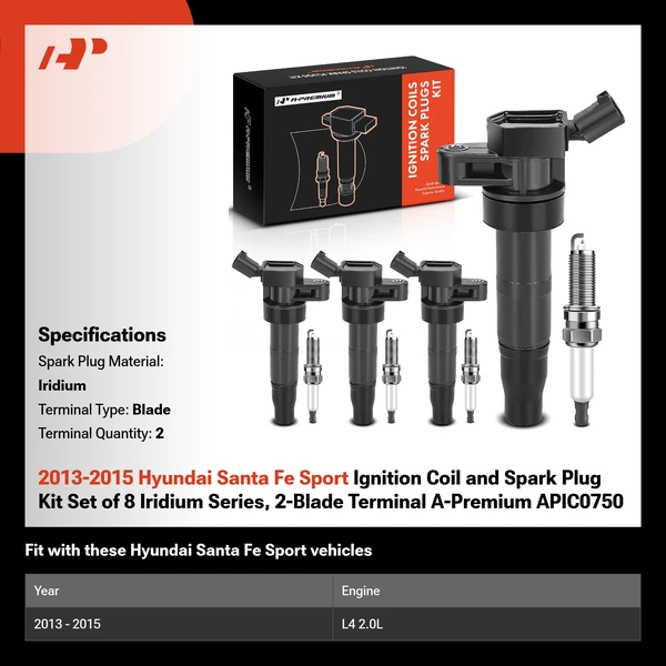 2013-2015 Hyundai Santa Fe Sport Ignition Coil and Spark Plug Kit Set of 8 Iridium Series, 2-Blade Terminal A-Premium APIC0750