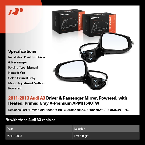 2011-2013 Audi A3 Driver & Passenger Mirror, Powered, with Heated, Primed Gray A-Premium APMI1640TW
