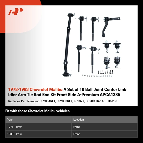 1978-1983 Chevrolet Malibu A Set of 10 Ball Joint Center Link Idler Arm Tie Rod End Kit Front Side A-Premium APCA1335