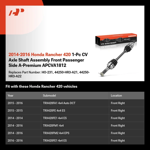 2014-2016 Honda Rancher 420 1-Pc CV Axle Shaft Assembly Front Passenger Side A-Premium APCVA1812