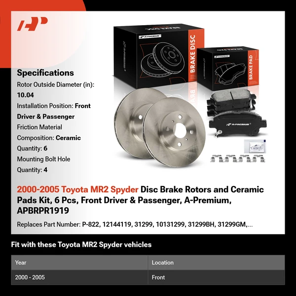 2000-2005 Toyota MR2 Spyder Disc Brake Rotors and Ceramic Pads Kit, 6 Pcs, Front Driver & Passenger, A-Premium, APBRPR1919