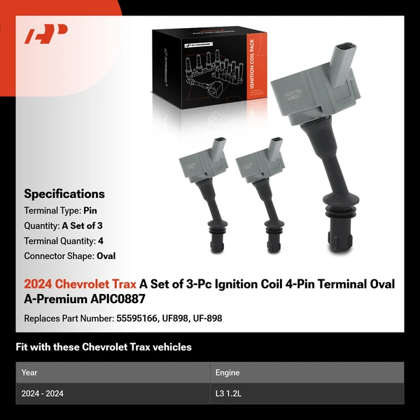 2024 Chevrolet Trax A Set of 3-Pc Ignition Coil 4-Pin Terminal Oval A-Premium APIC0887