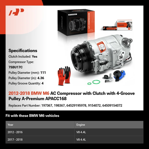 2012-2018 BMW M6 AC Compressor with Clutch with 4-Groove Pulley A-Premium APACC168