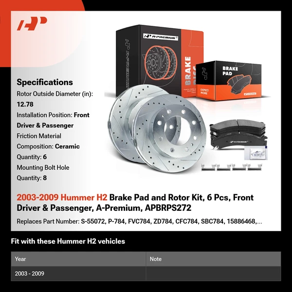2003-2009 Hummer H2 Brake Pad and Rotor Kit, 6 Pcs, Front Driver & Passenger, A-Premium, APBRPS272
