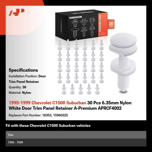 1995-1999 Chevrolet C1500 Suburban 30 Pcs 6.35mm Nylon White Door Trim Panel Retainer A-Premium APRCF4002