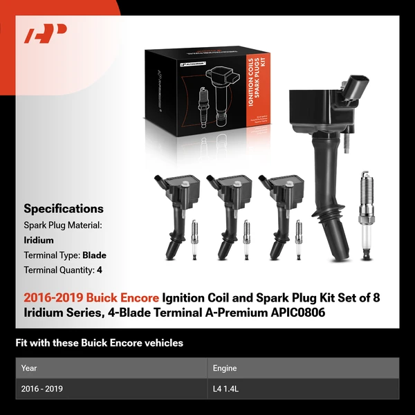 2016-2019 Buick Encore Ignition Coil and Spark Plug Kit Set of 8 Iridium Series, 4-Blade Terminal A-Premium APIC0806
