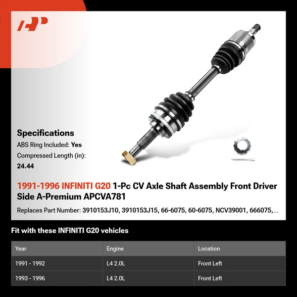1991-1996 INFINITI G20 1-Pc CV Axle Shaft Assembly Front Driver Side A-Premium APCVA781