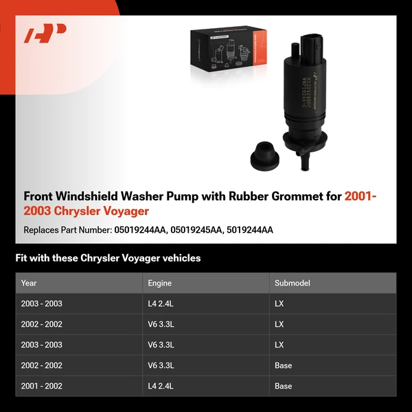 Front Windshield Washer Pump with Rubber Grommet for 2001-2003 Chrysler Voyager