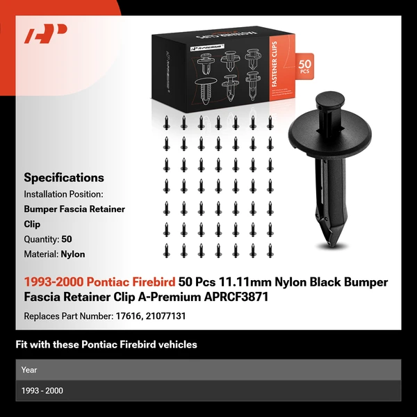 1993-2000 Pontiac Firebird 50 Pcs 11.11mm Nylon Black Bumper Fascia Retainer Clip A-Premium APRCF3871