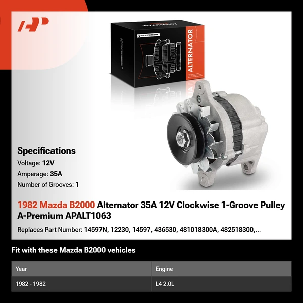 1982 Mazda B2000 Alternator 35A 12V Clockwise 1-Groove Pulley A-Premium APALT1063
