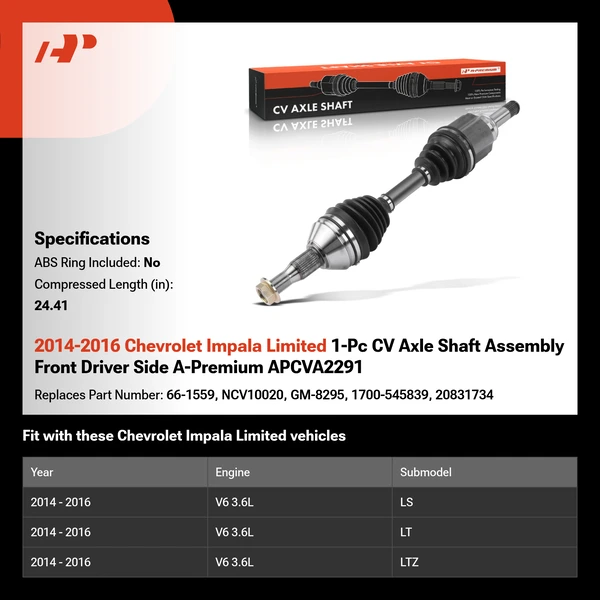 2014-2016 Chevrolet Impala Limited 1-Pc CV Axle Shaft Assembly Front Driver Side A-Premium APCVA2291