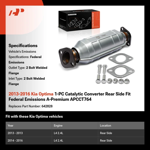 2013-2016 Kia Optima 1-PC Catalytic Converter Rear Side Fit Federal Emissions A-Premium APCCT764