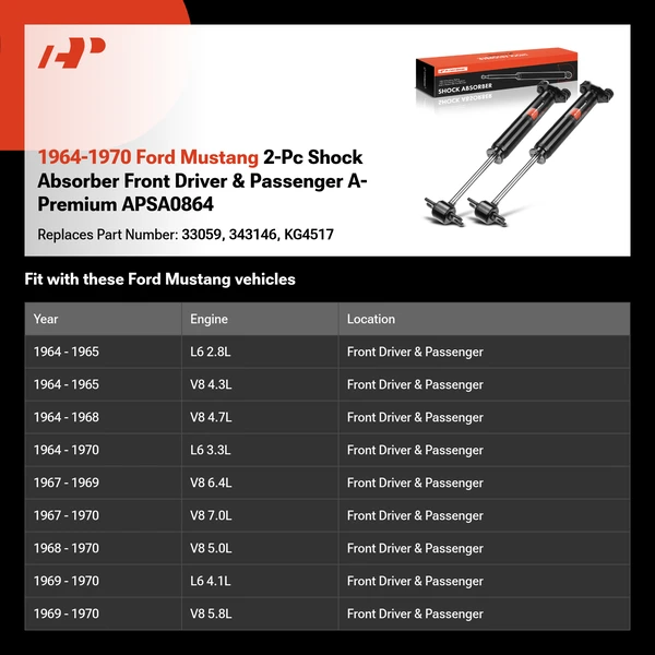 1964-1970 Ford Mustang 2-Pc Shock Absorber Front Driver & Passenger A-Premium APSA0864
