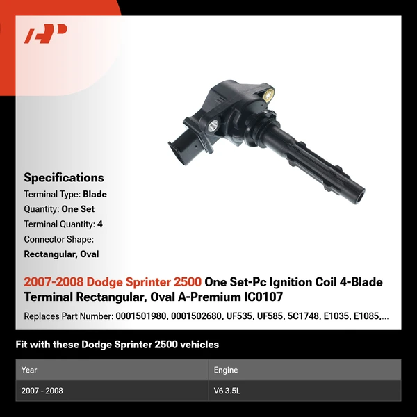 2007-2008 Dodge Sprinter 2500 One Set-Pc Ignition Coil 4-Blade Terminal Rectangular, Oval A-Premium IC0107