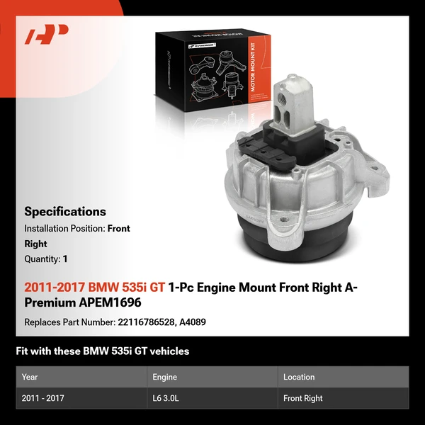 2011-2017 BMW 535i GT 1-Pc Engine Mount Front Right A-Premium APEM1696