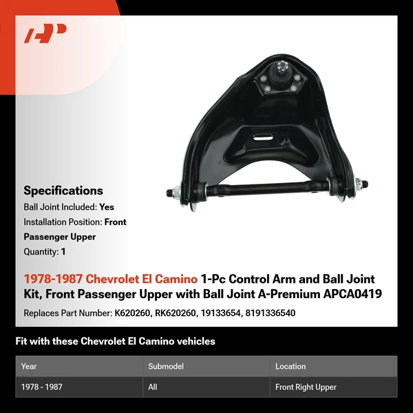 1978-1987 Chevrolet El Camino 1-Pc Control Arm and Ball Joint Kit, Front Passenger Upper with Ball Joint A-Premium APCA0419