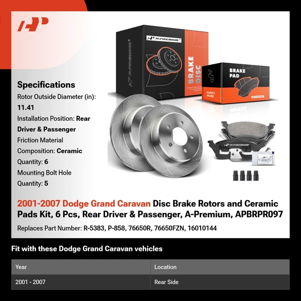 2001-2007 Dodge Grand Caravan Disc Brake Rotors and Ceramic Pads Kit, 6 Pcs, Rear Driver & Passenger, A-Premium, APBRPR097