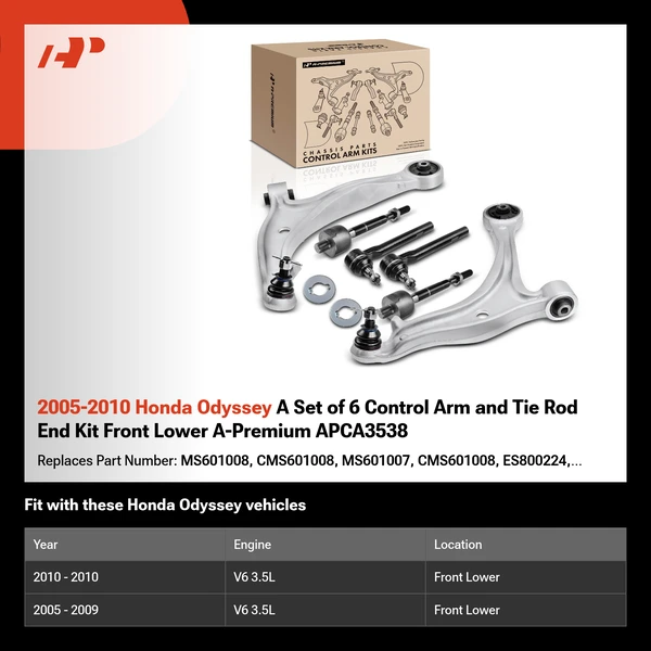 2005-2010 Honda Odyssey A Set of 6 Control Arm and Tie Rod End Kit Front Lower A-Premium APCA3538