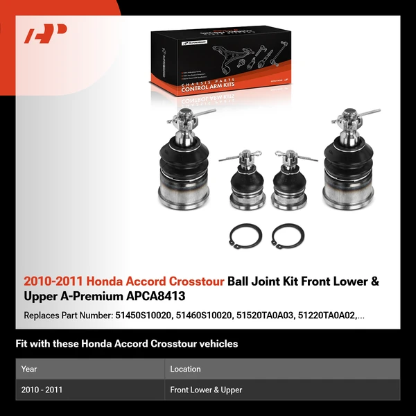 2010-2011 Honda Accord Crosstour Ball Joint Kit Front Lower & Upper A-Premium APCA8413