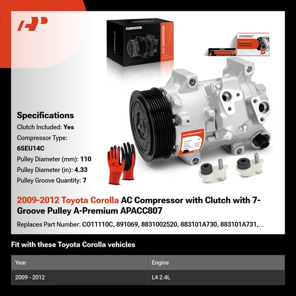 2009-2012 Toyota Corolla AC Compressor with Clutch with 7-Groove Pulley A-Premium APACC807