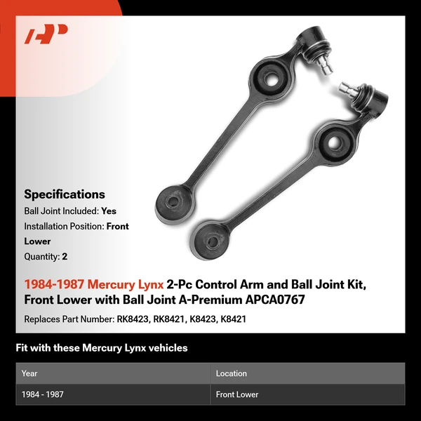 1984-1987 Mercury Lynx 2-Pc Control Arm and Ball Joint Kit, Front Lower with Ball Joint A-Premium APCA0767